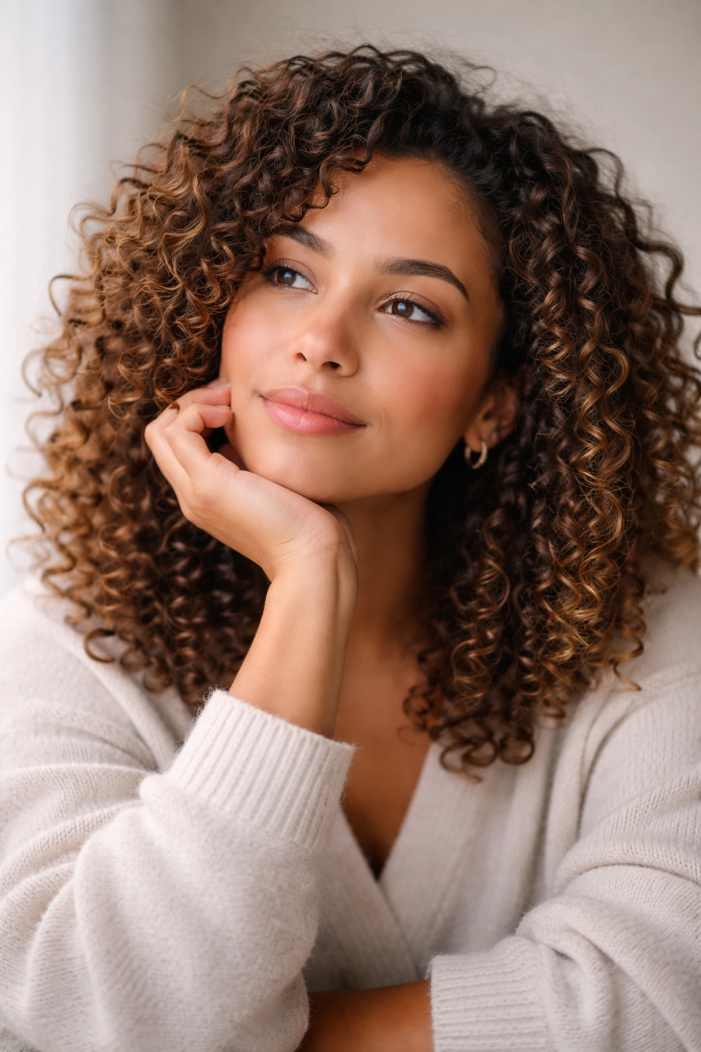 Thoughtful portrait of curly hair with contemplative pose