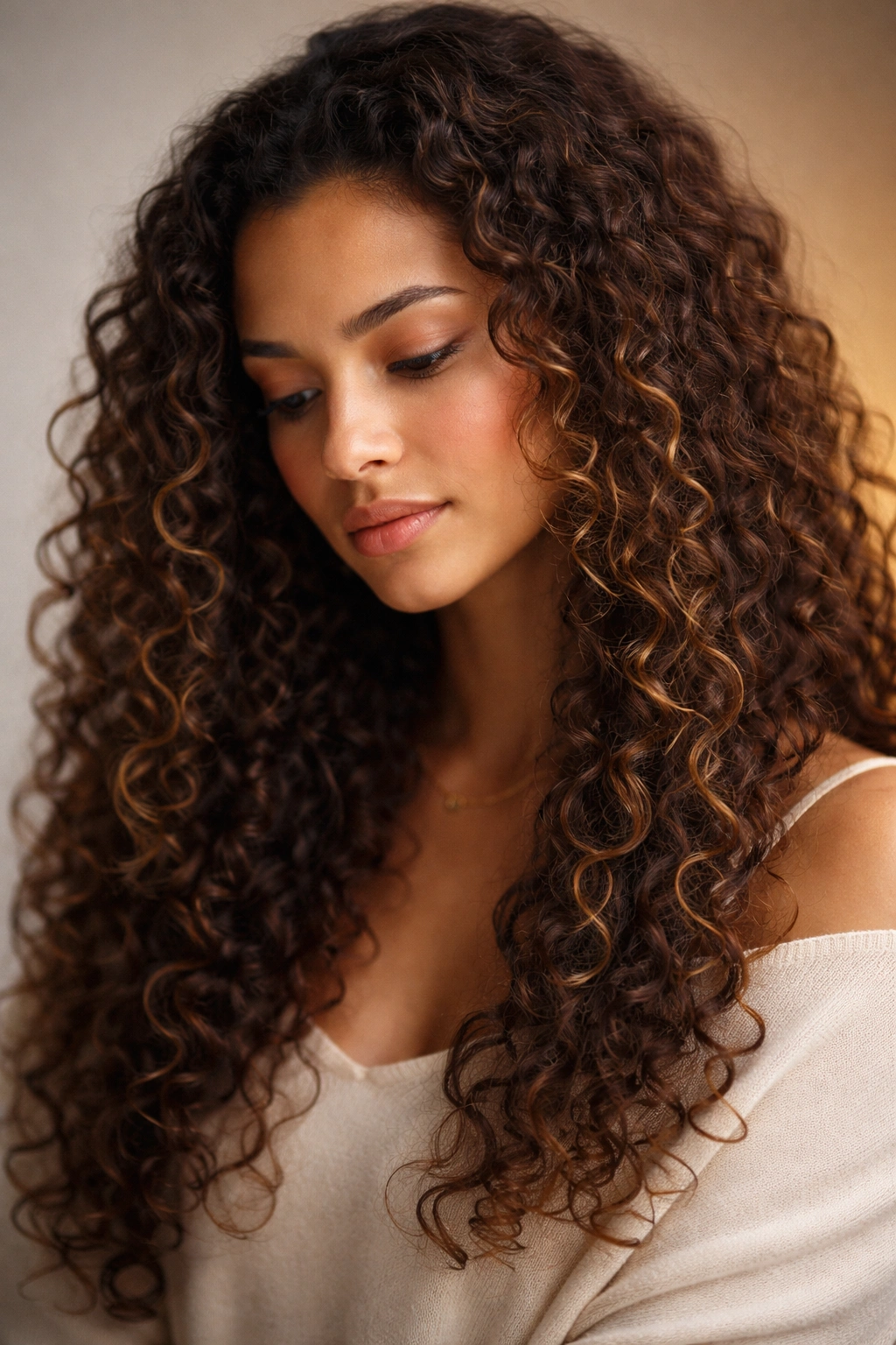 Contemplative portrait of a person with long curly hair