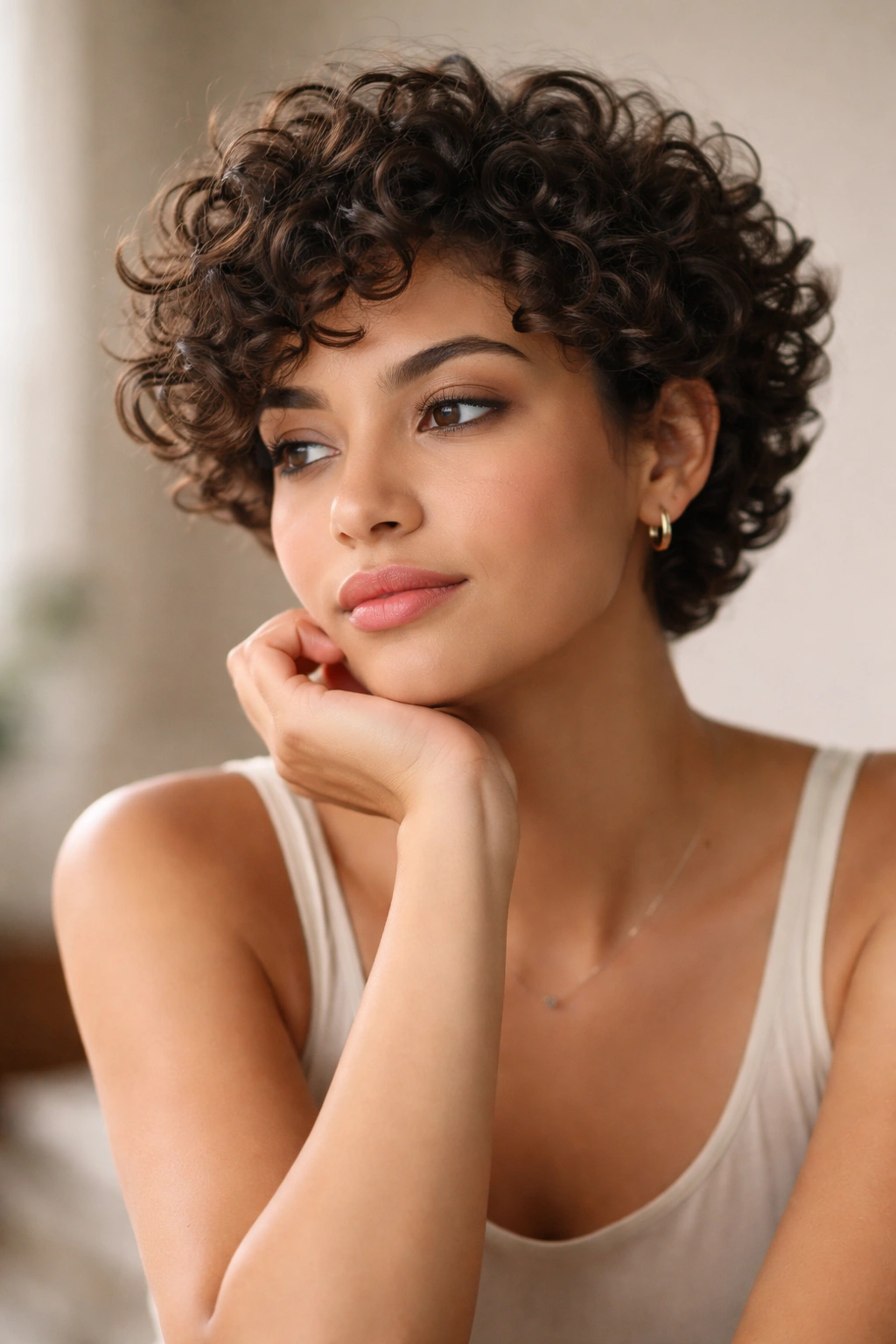 Portrait of a person with short curly hair in a contemplative mood.