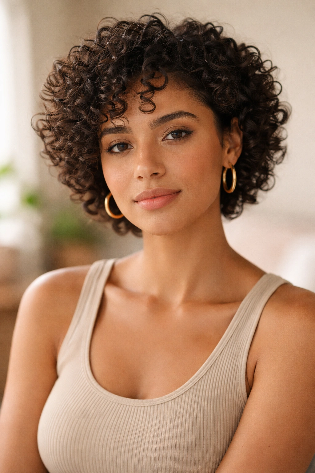 Portrait of person with short curly hair in a calm studio