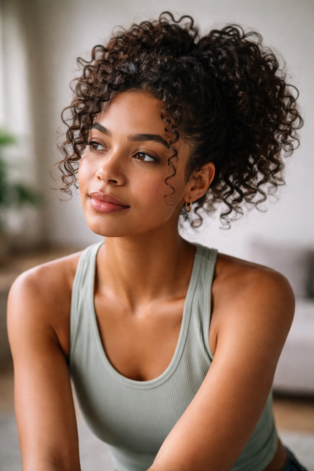 Contemplative portrait of a person with curly hair in a calm studio.