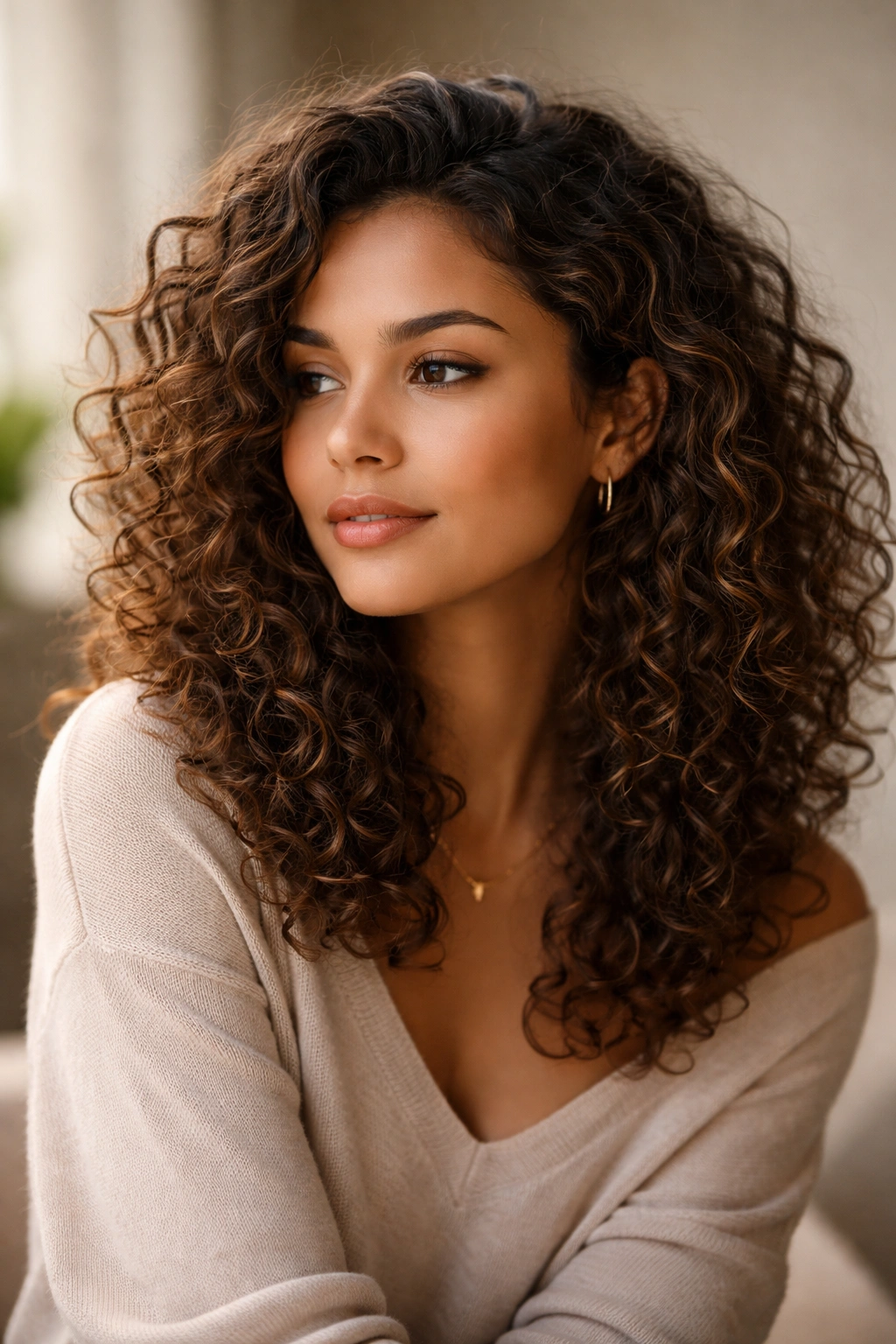 Contemplative portrait of a person with curly hair under soft lighting