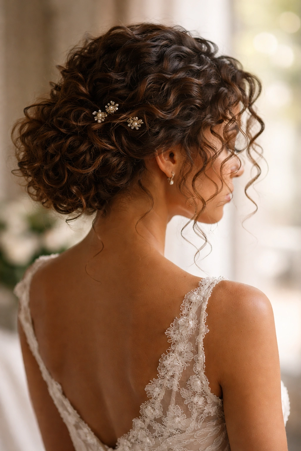 Soft portrait of a bride's curly hairstyle in a contemplative mood.