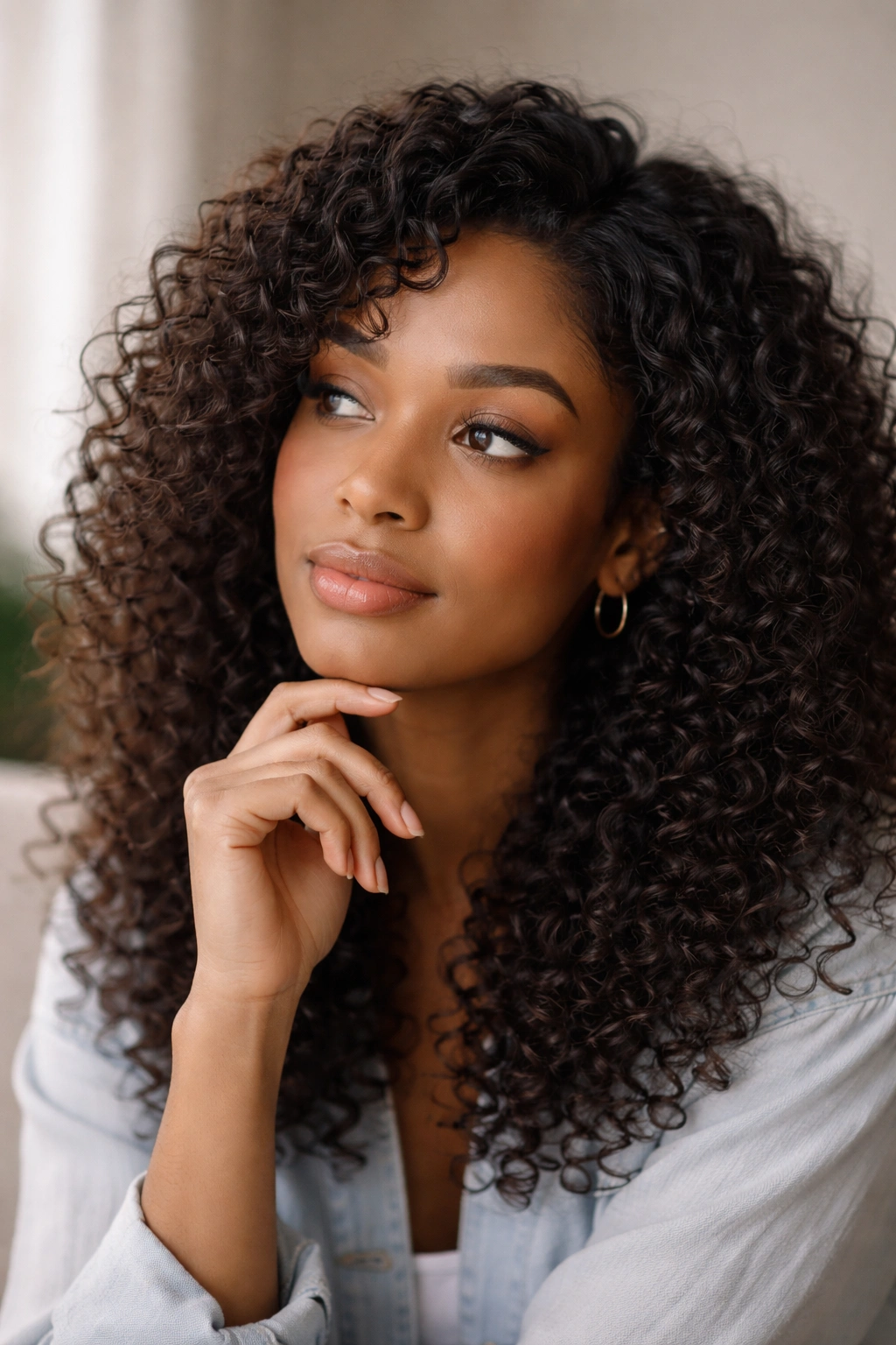 Contemplative portrait of a person wearing a curly wig