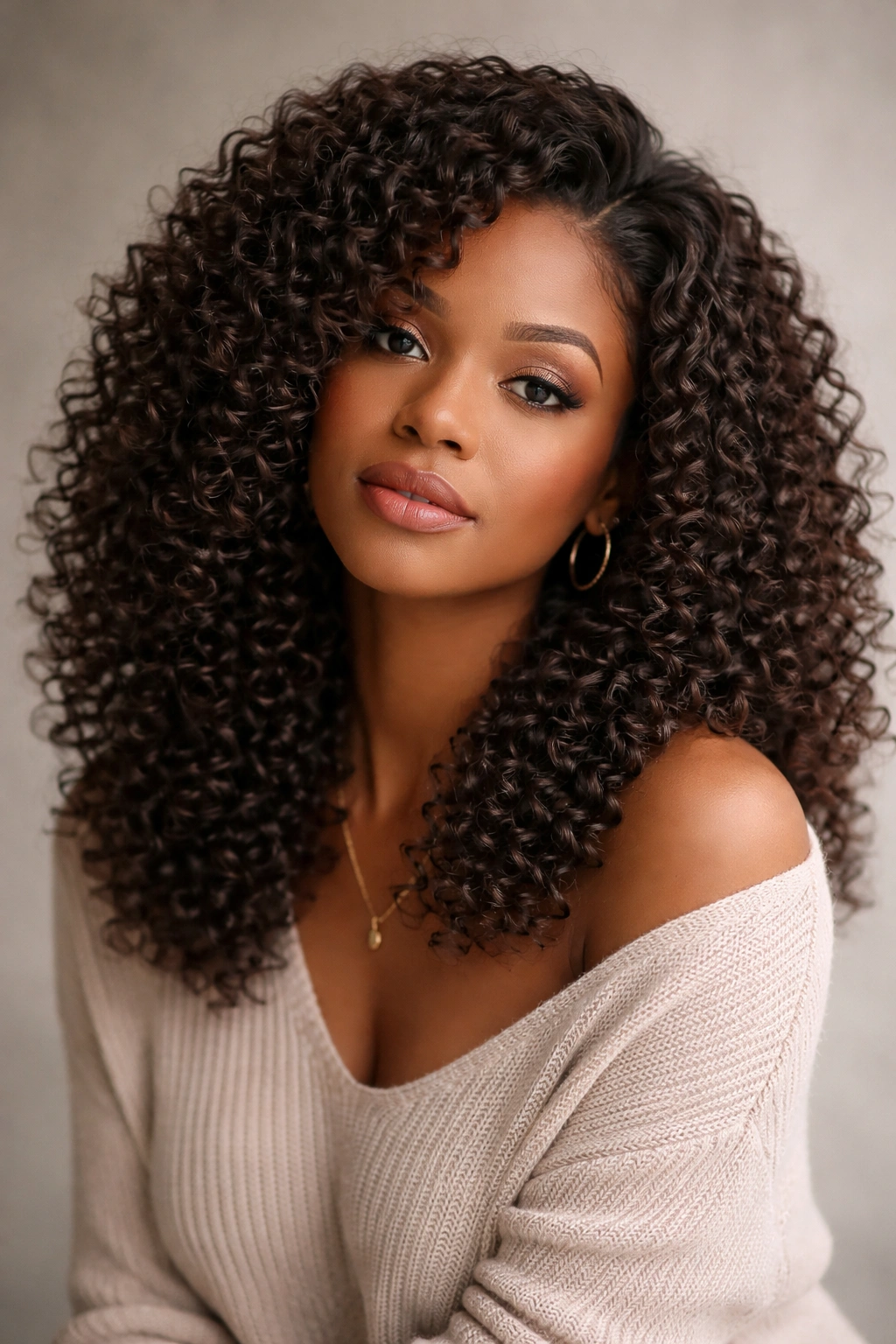 Contemplative person wearing a curly wig with defined curls against a neutral studio backdrop