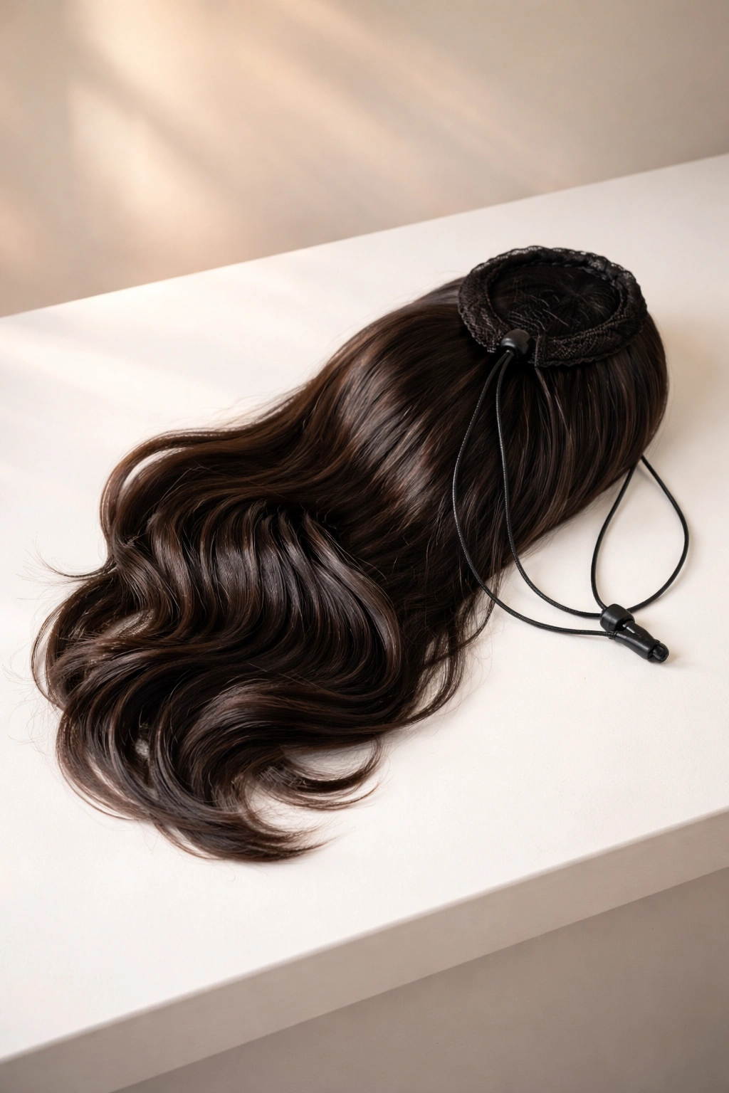 Minimal still life of a finished drawstring ponytail on a clean surface, suggesting a polished finale.