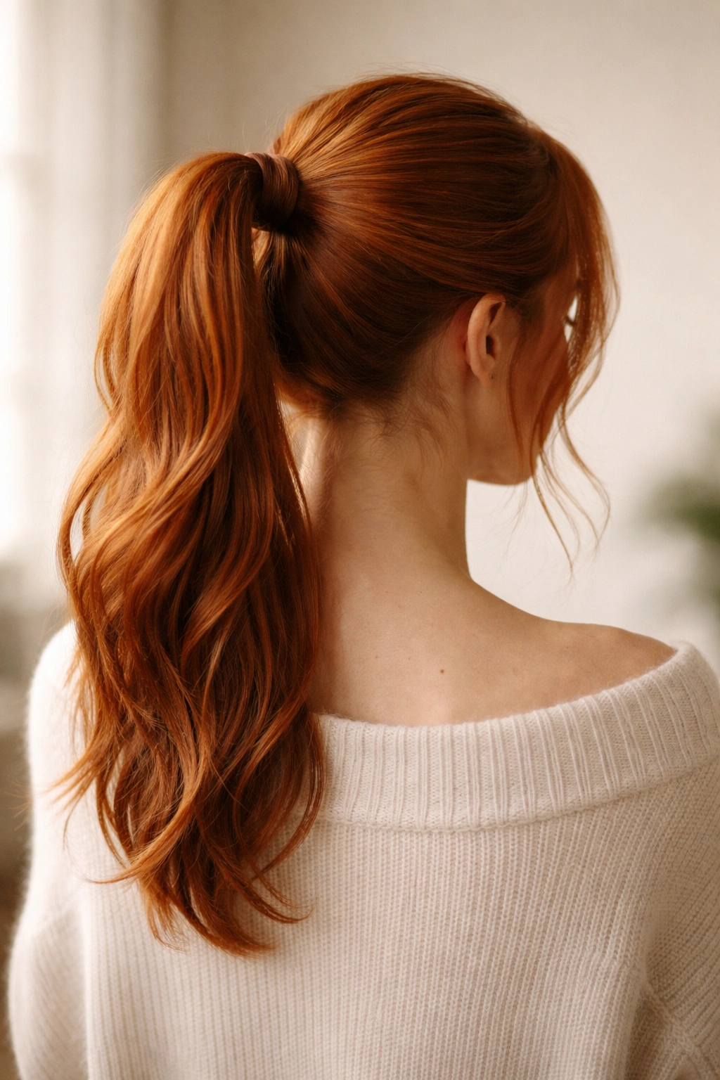 Contemplative silhouette with ginger ponytail seen from behind