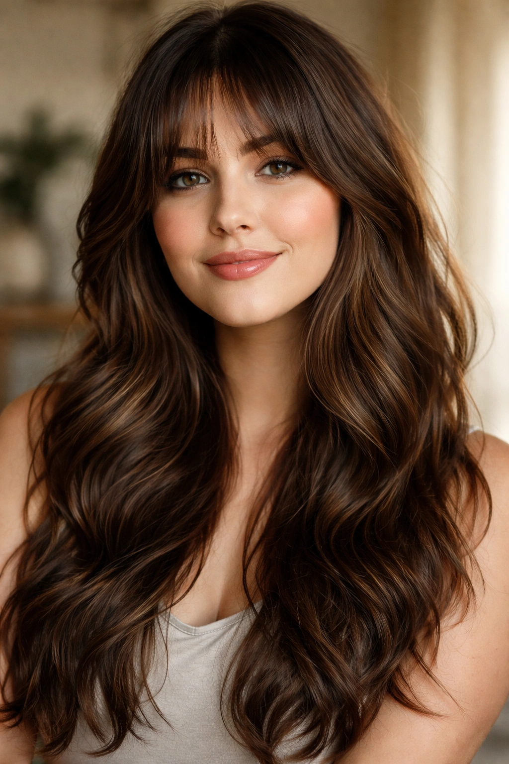 Portrait of a confident model with long wavy hair and curtain bangs