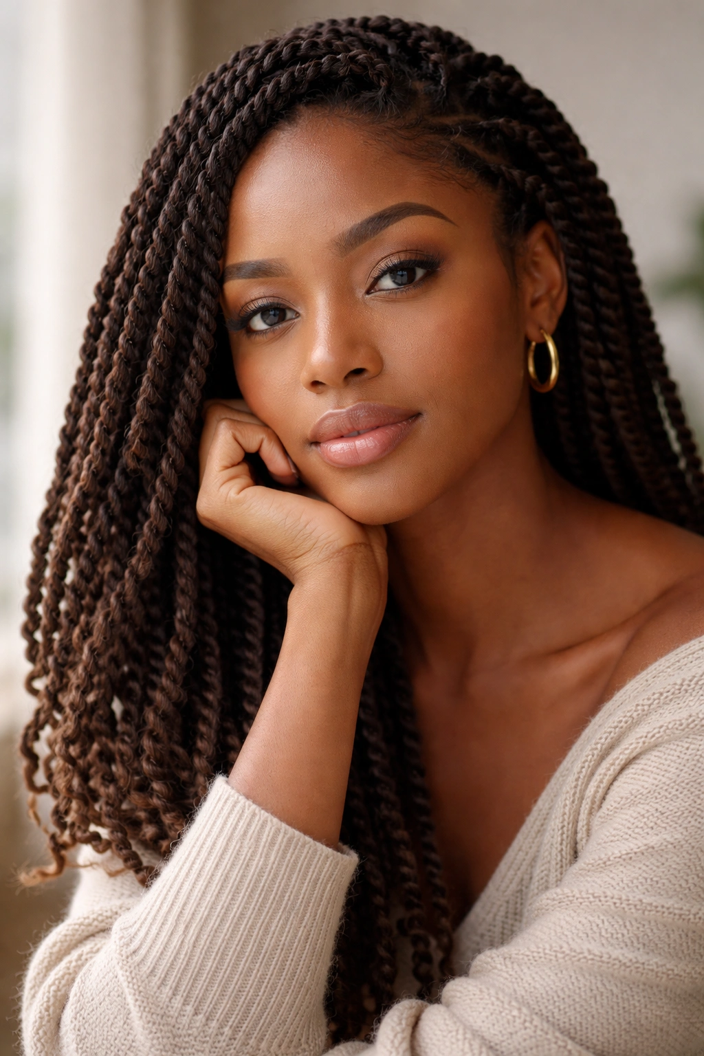 Contemplative portrait showing final thoughts on kinky twists with calm, natural hair styling