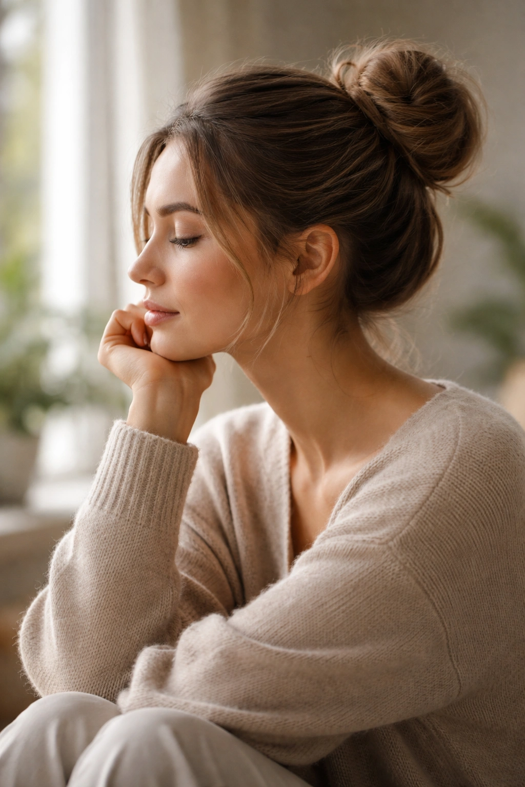 Portrait of a person in a contemplative pose reflecting on pin-free styling