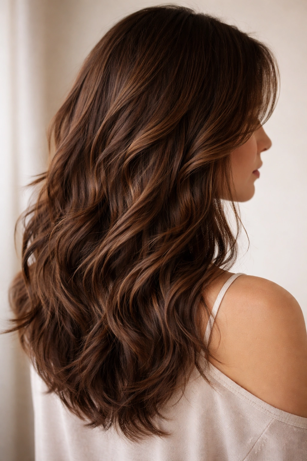 Close-up of medium wavy brown hair with layered texture and gloss