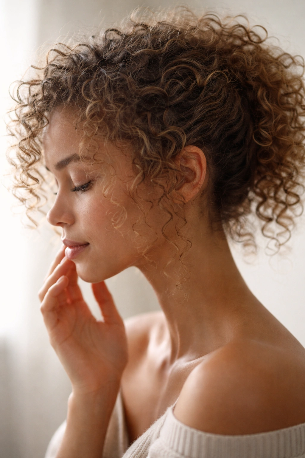 Silhouette of head with fine curly hair in a calm contemplative pose