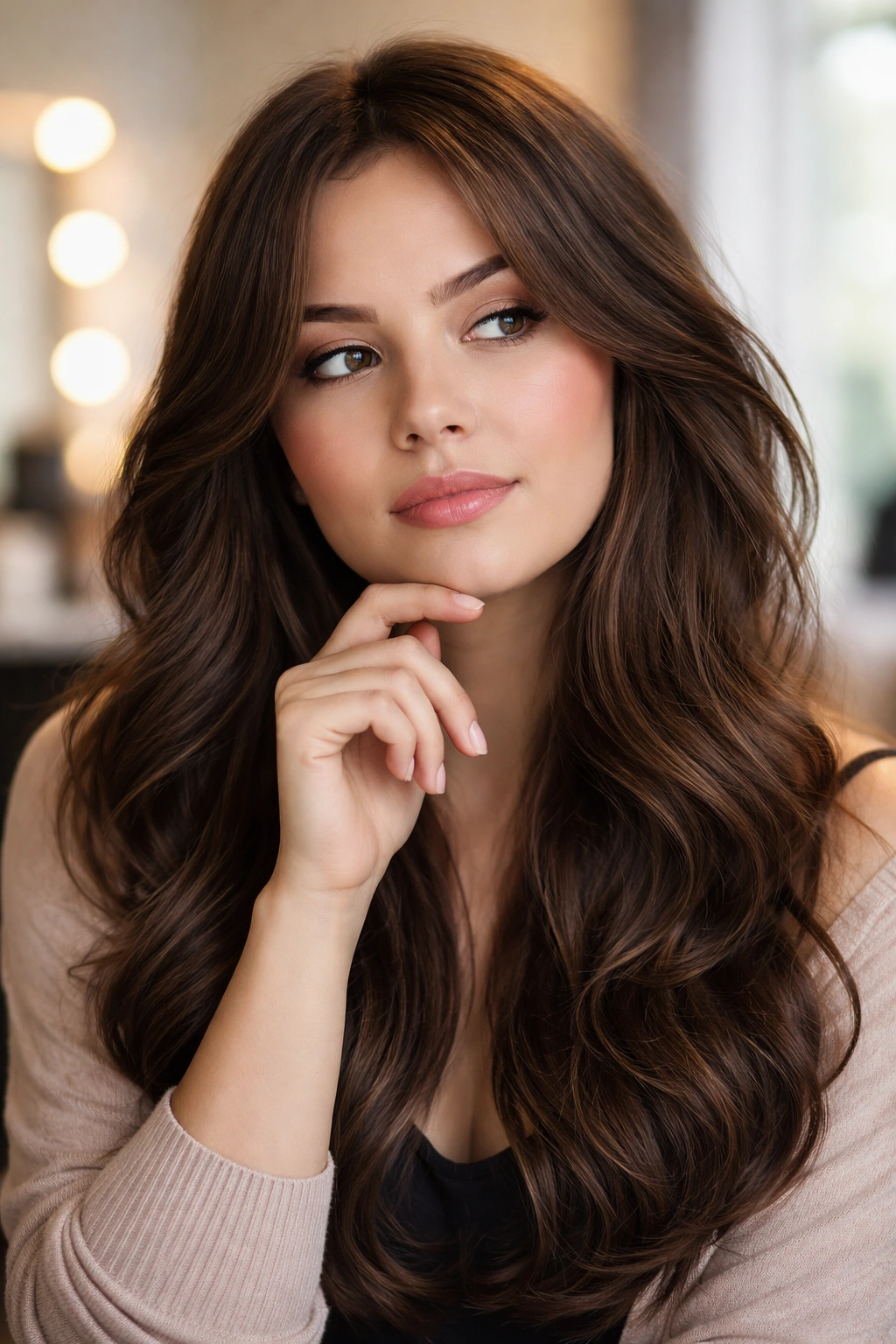 Contemplative portrait of a person with long layered hair