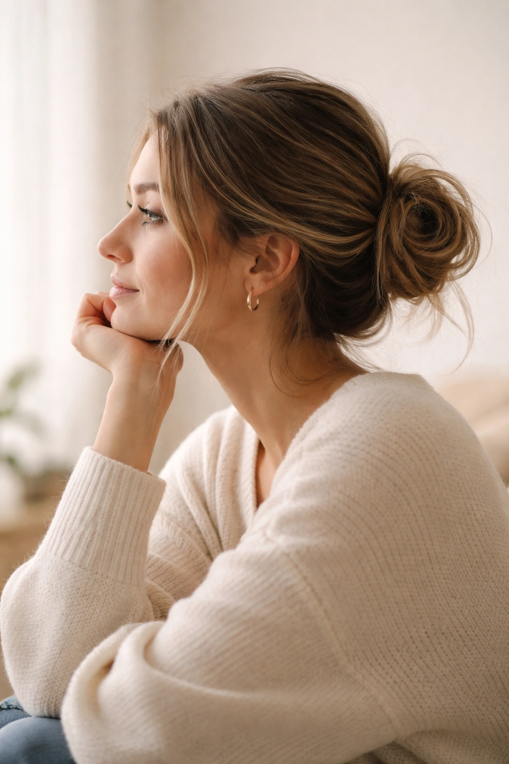 Portrait of a contemplative person with a low messy bun, reflecting on hairstyle options.
