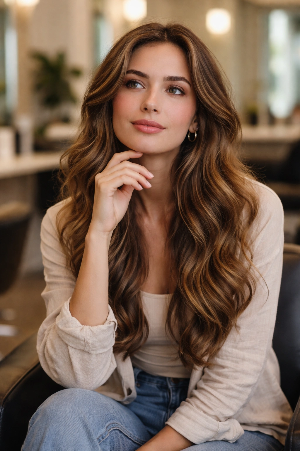 Single person in a salon chair with long wavy hair, thoughtful pose, neutral backdrop