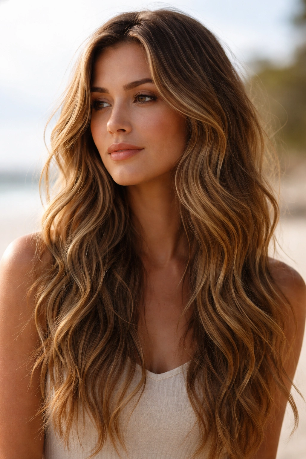 Contemplative portrait of a person with long wavy hair and subtle layers