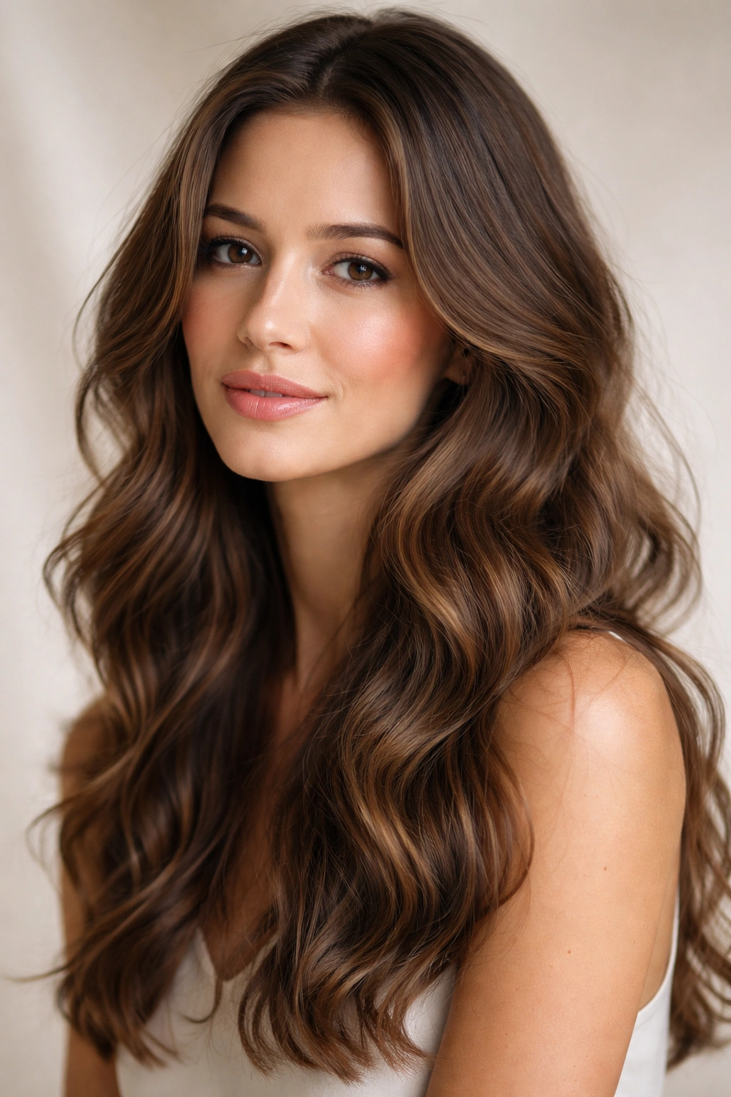 Portrait of a person with long, natural, glossy wavy hair