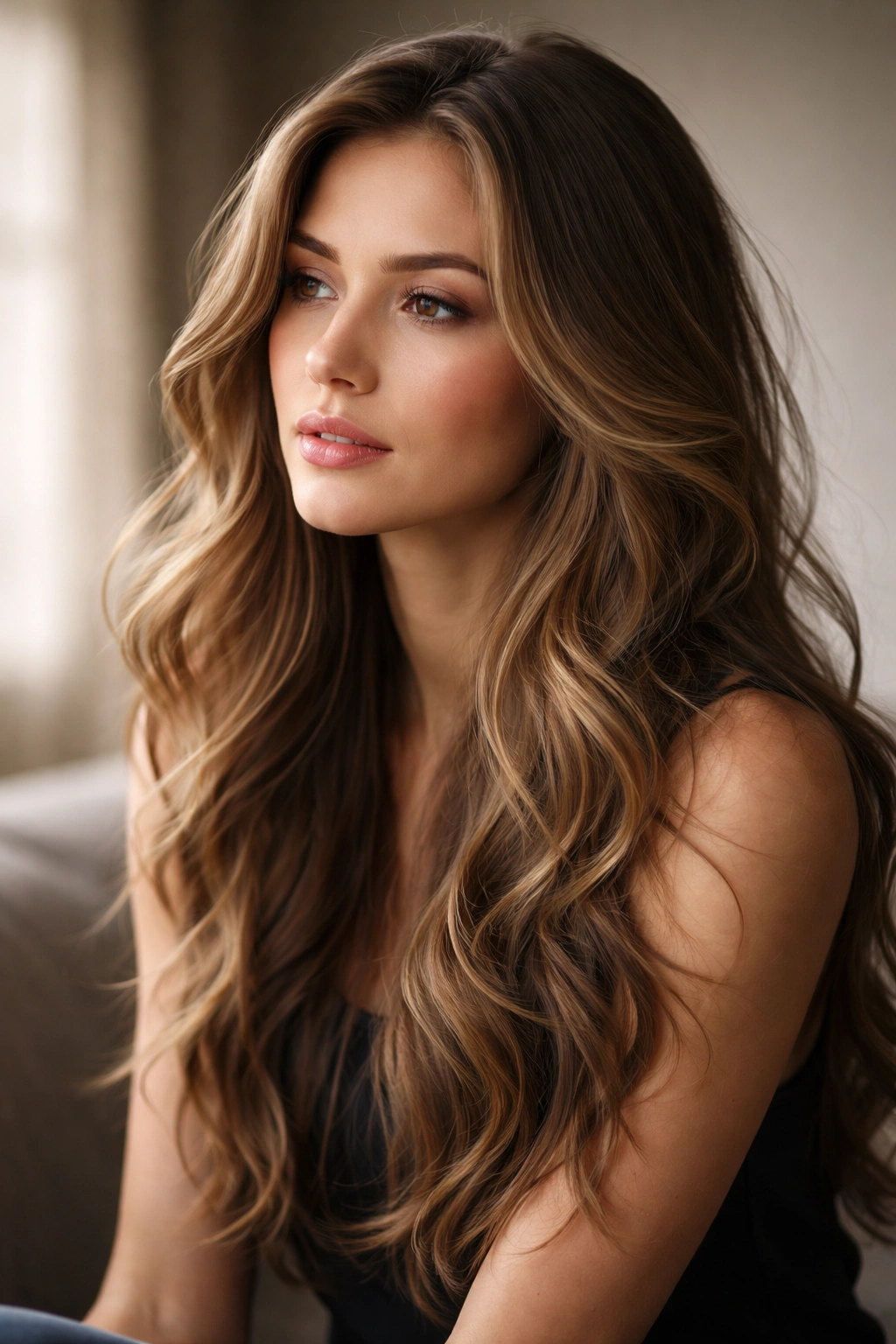 Contemplative portrait of a person with long wavy layered hair in soft light