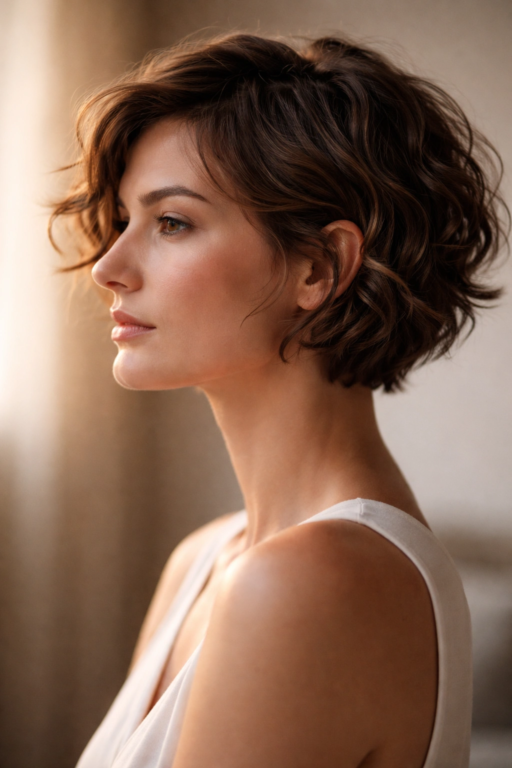 Contemplative profile of a person with short wavy hair in soft studio lighting