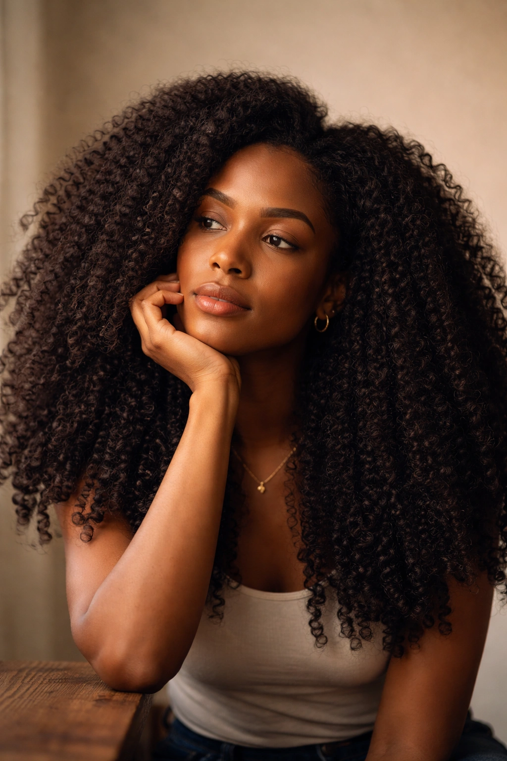 Contemplative portrait of a person with long afro hair