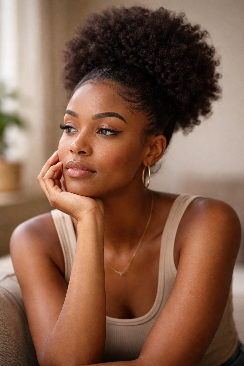 Contemplative portrait of a person with a puff hairstyle in a muted studio