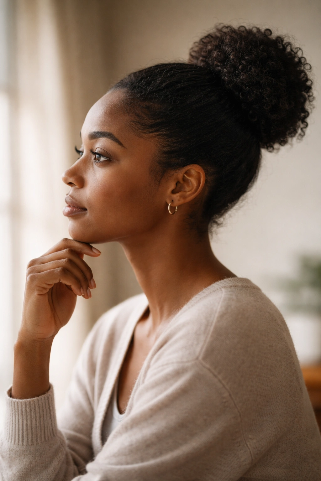 Silhouette of a person in a thoughtful pose with a tidy updo