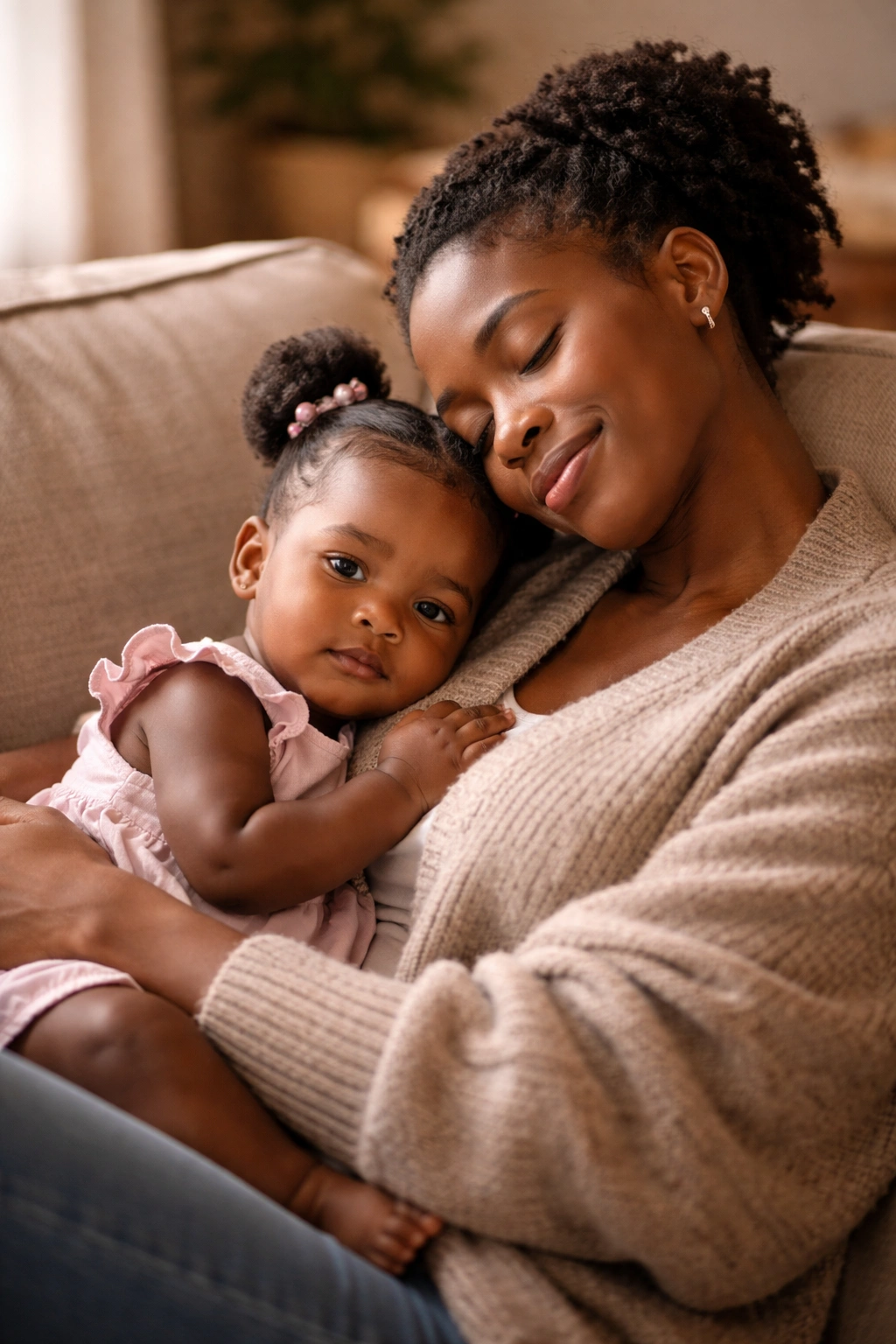 Parent and baby sharing a calm, reflective moment after hair styling.
