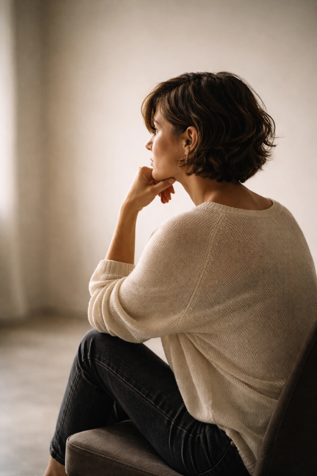 Silhouette of a person in a thoughtful pose against a neutral studio backdrop