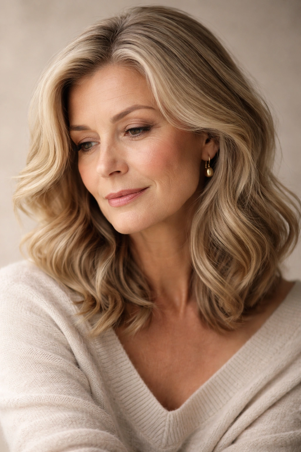 Thoughtful portrait of a mature woman with soft wavy hair in a studio setting.