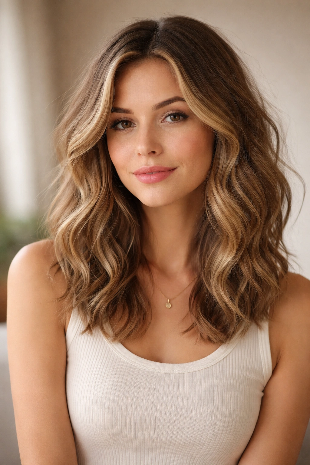 Calm portrait of a person with medium-length wavy hair reflecting versatile styles