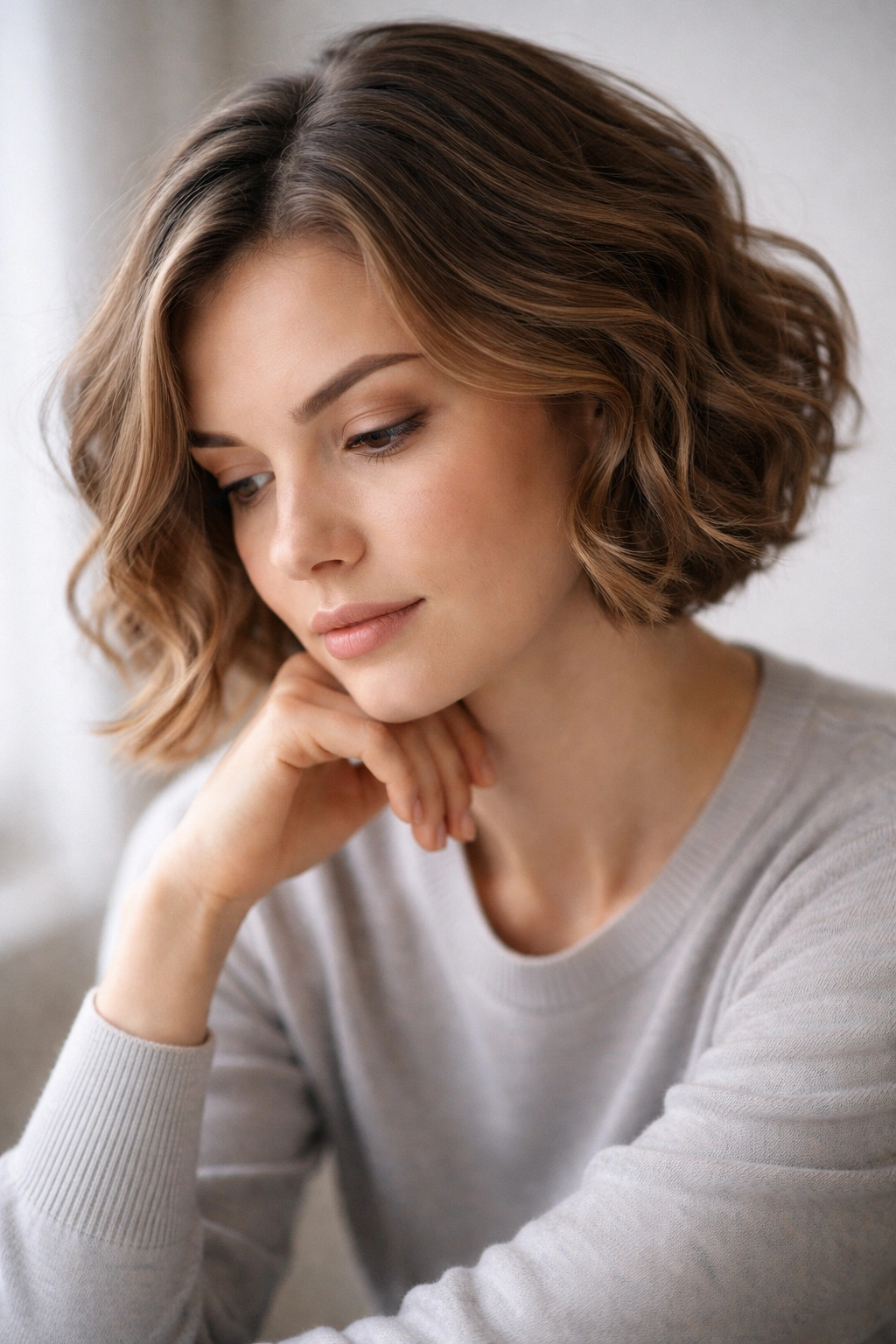 Contemplative portrait of a person with short wavy hair in a minimalist studio
