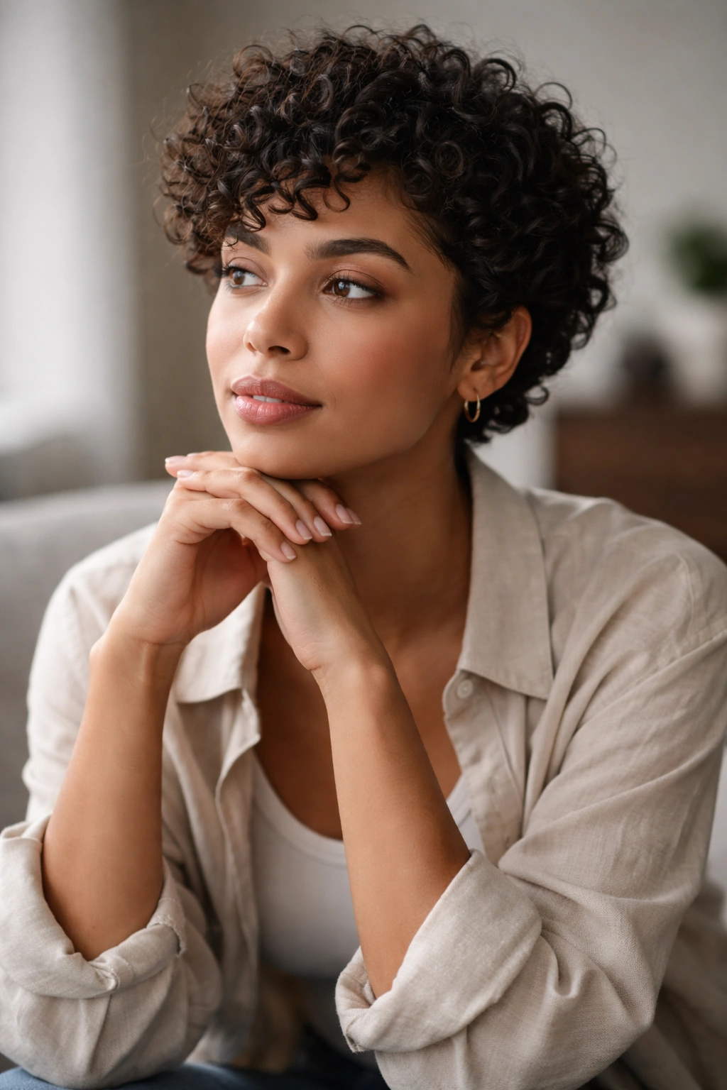 Thoughtful portrait of a person with curly hair