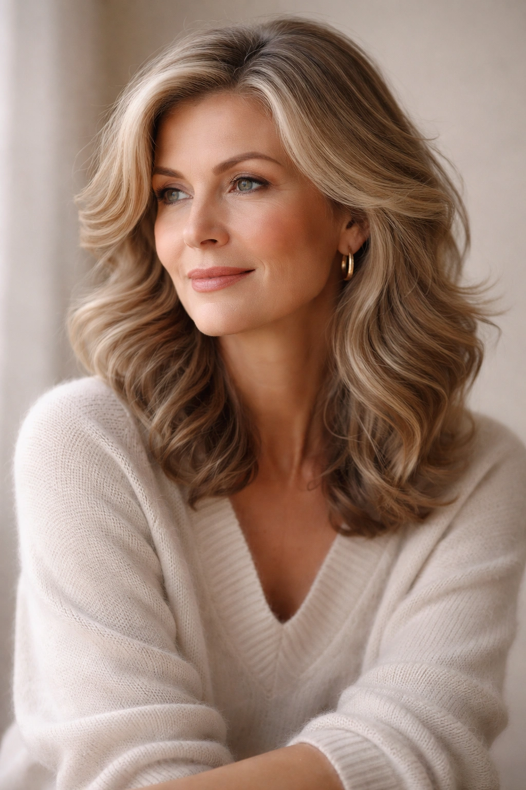 Contemplative portrait of hair with soft waves and subtle layers