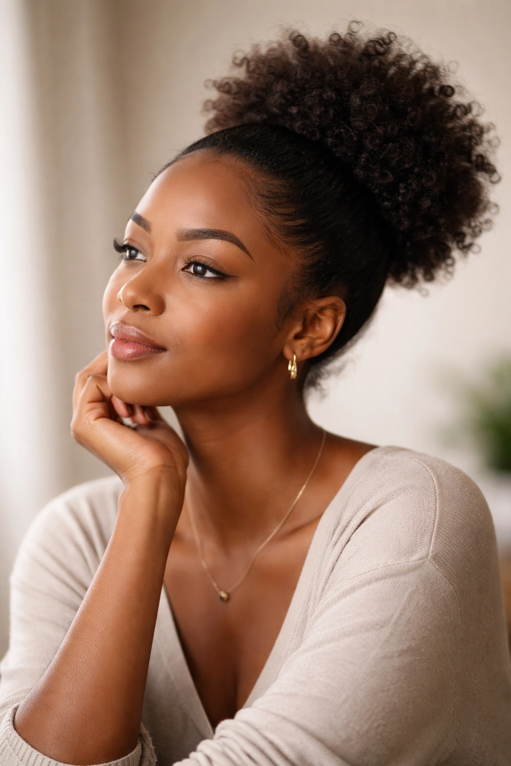 Thoughtful Black woman with soft puff hairstyle in a calm studio