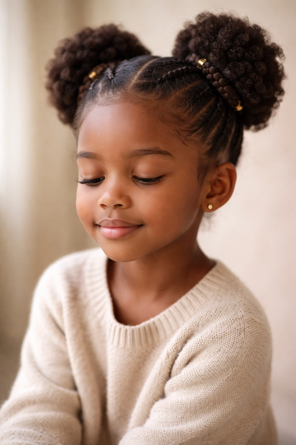 Serene close-up portrait of a girl with a simple protective hairstyle.
