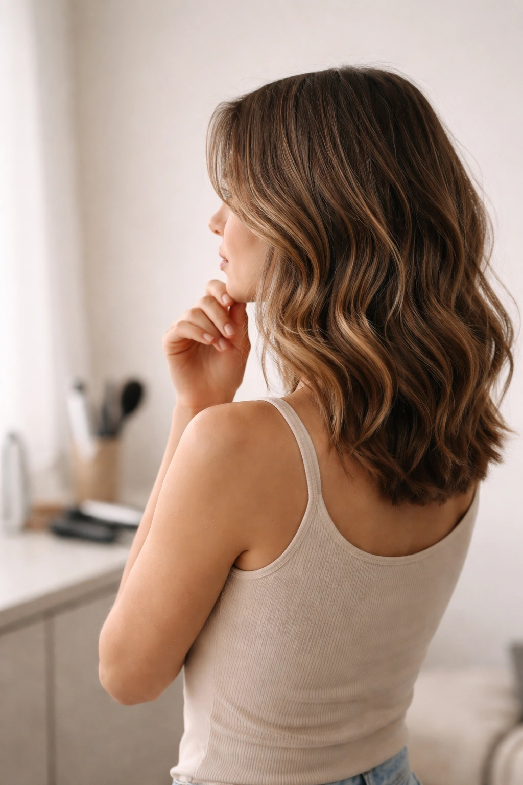 Portrait of a solitary person contemplating hairstyle options with soft medium waves