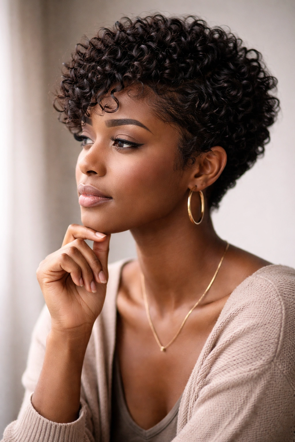 Contemplative portrait of a person with short curly weave.