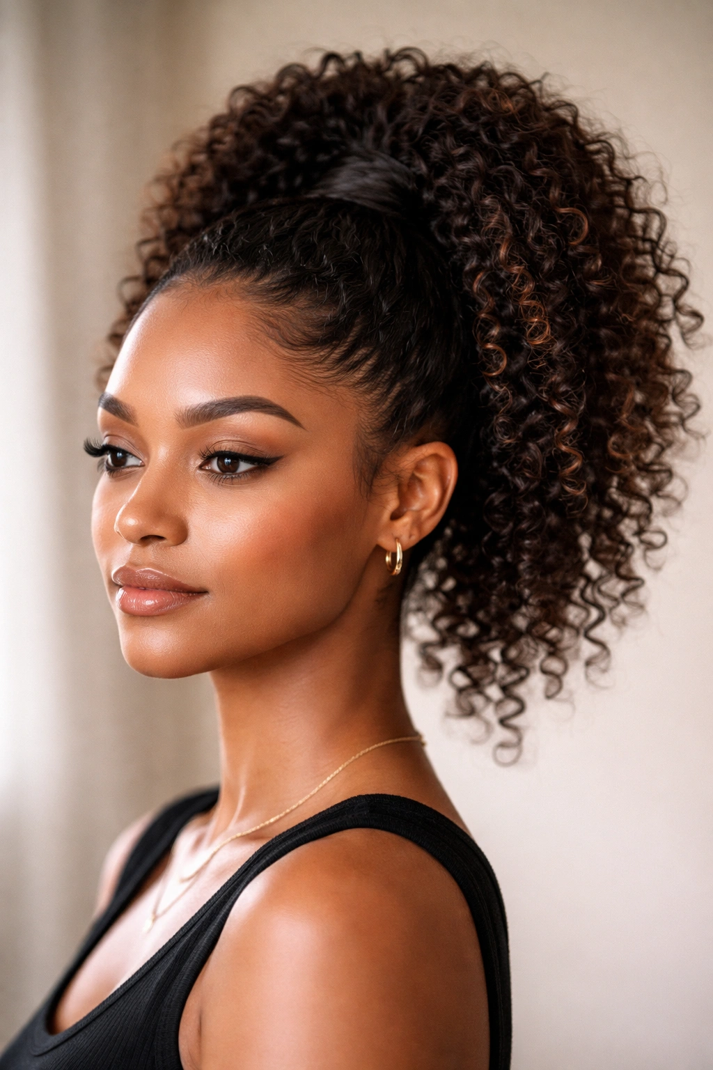 Portrait of a person with finished high weave ponytail on short curly hair