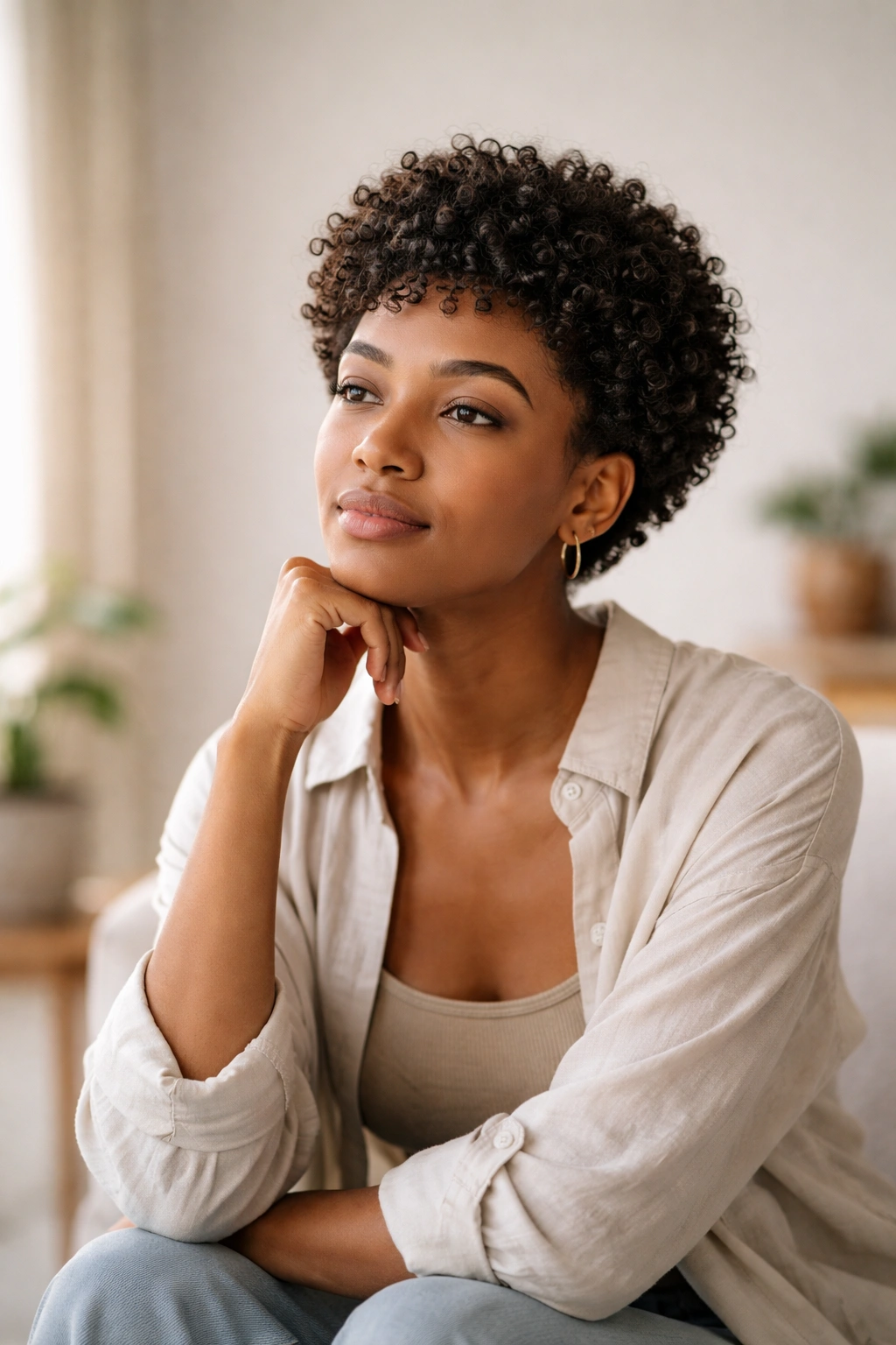 Thoughtful woman with short curly afro in a minimal studio