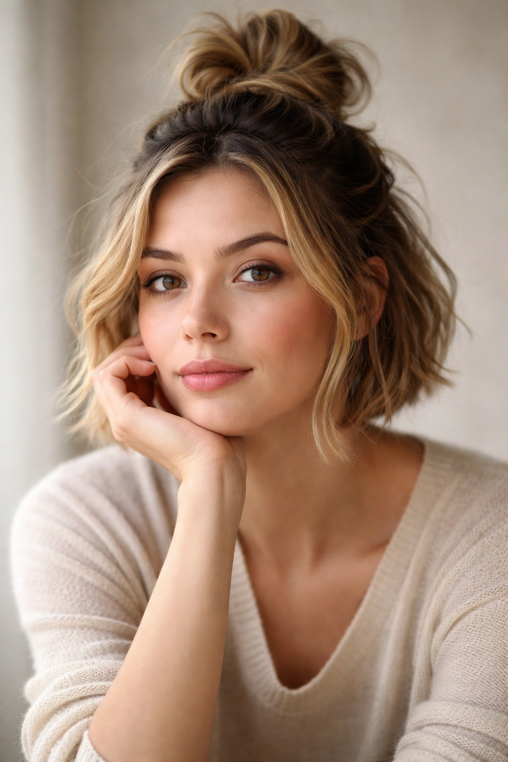 Portrait of a person with short hair in a thoughtful pose showcasing a finished half-up messy bun.