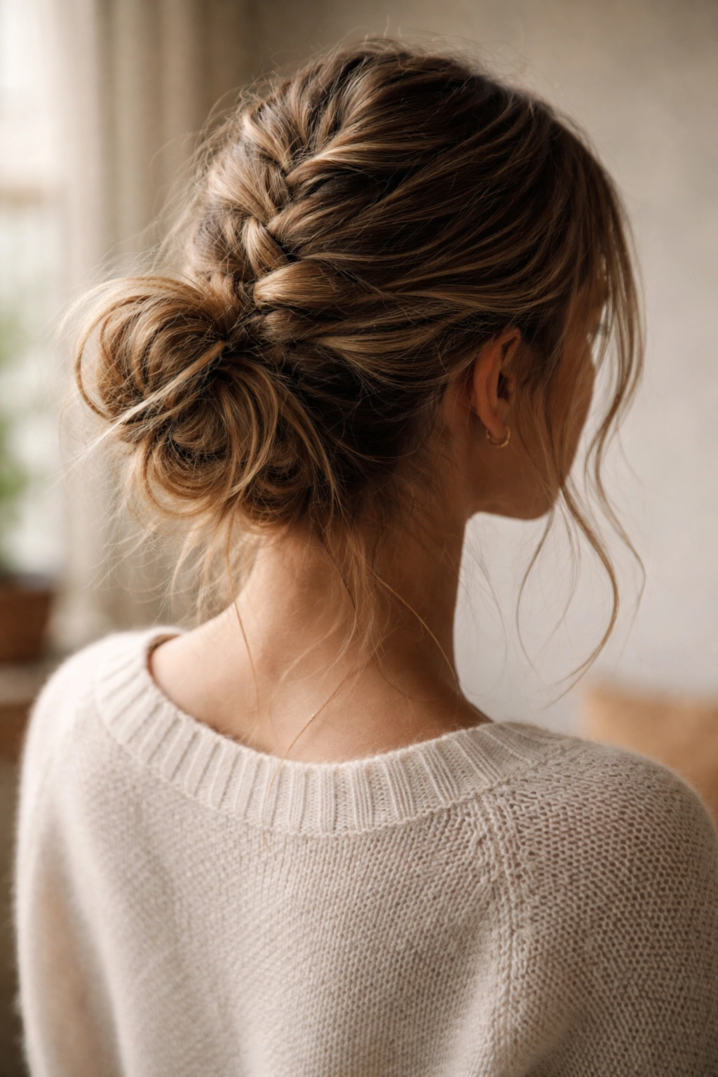 Back-of-head portrait of a person with a softly textured undone hairstyle