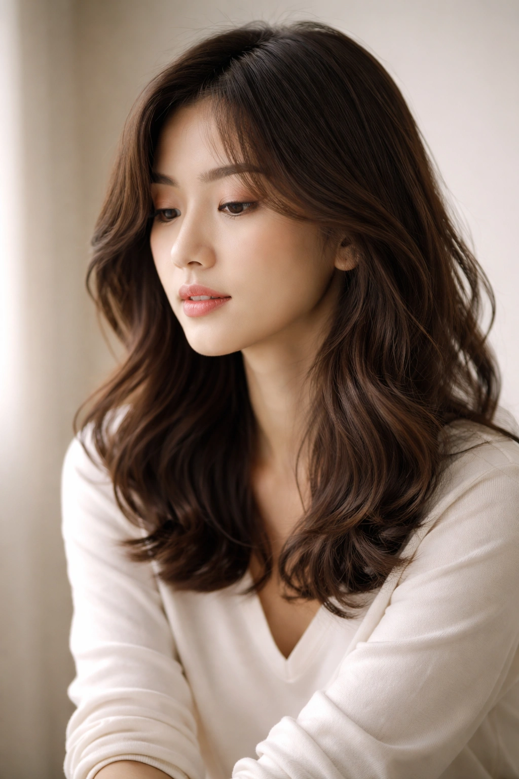 Contemplative person with softly waved medium-length hair in a minimalist studio