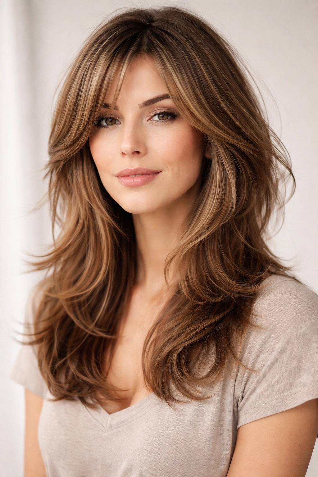 Portrait of a person with a modern layered haircut highlighting texture and movement