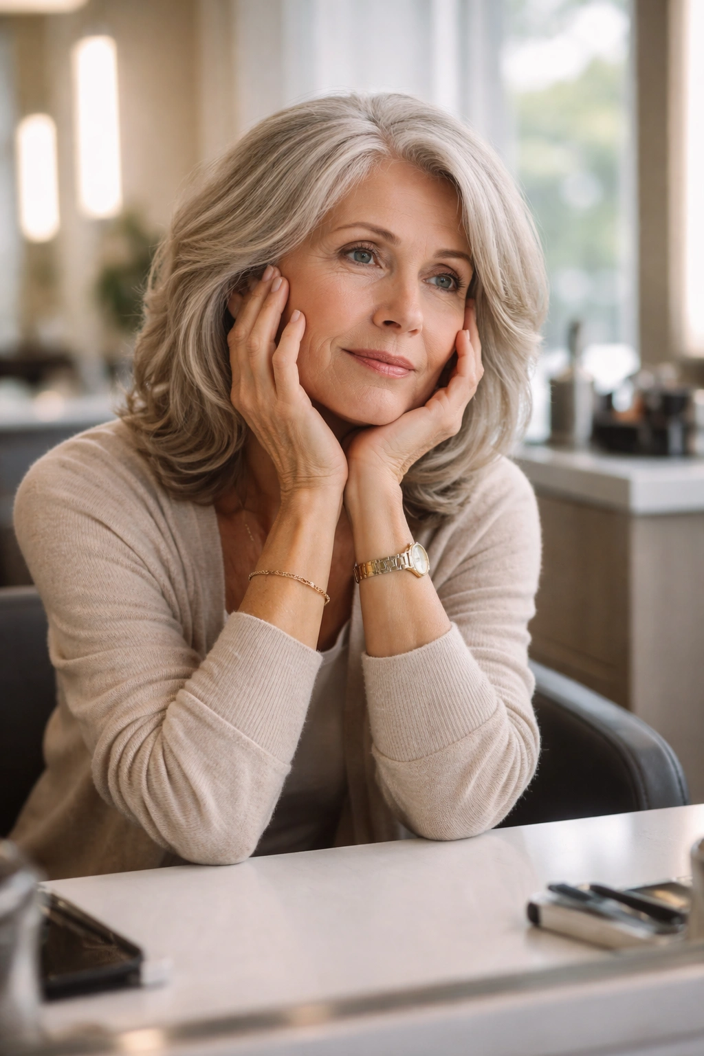 Senior woman in salon chair contemplating a layered haircut for thin hair