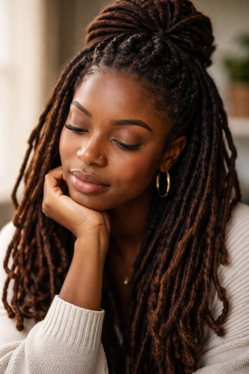 Close-up portrait of a person with Afro-textured locs in a thoughtful pose, studio lighting
