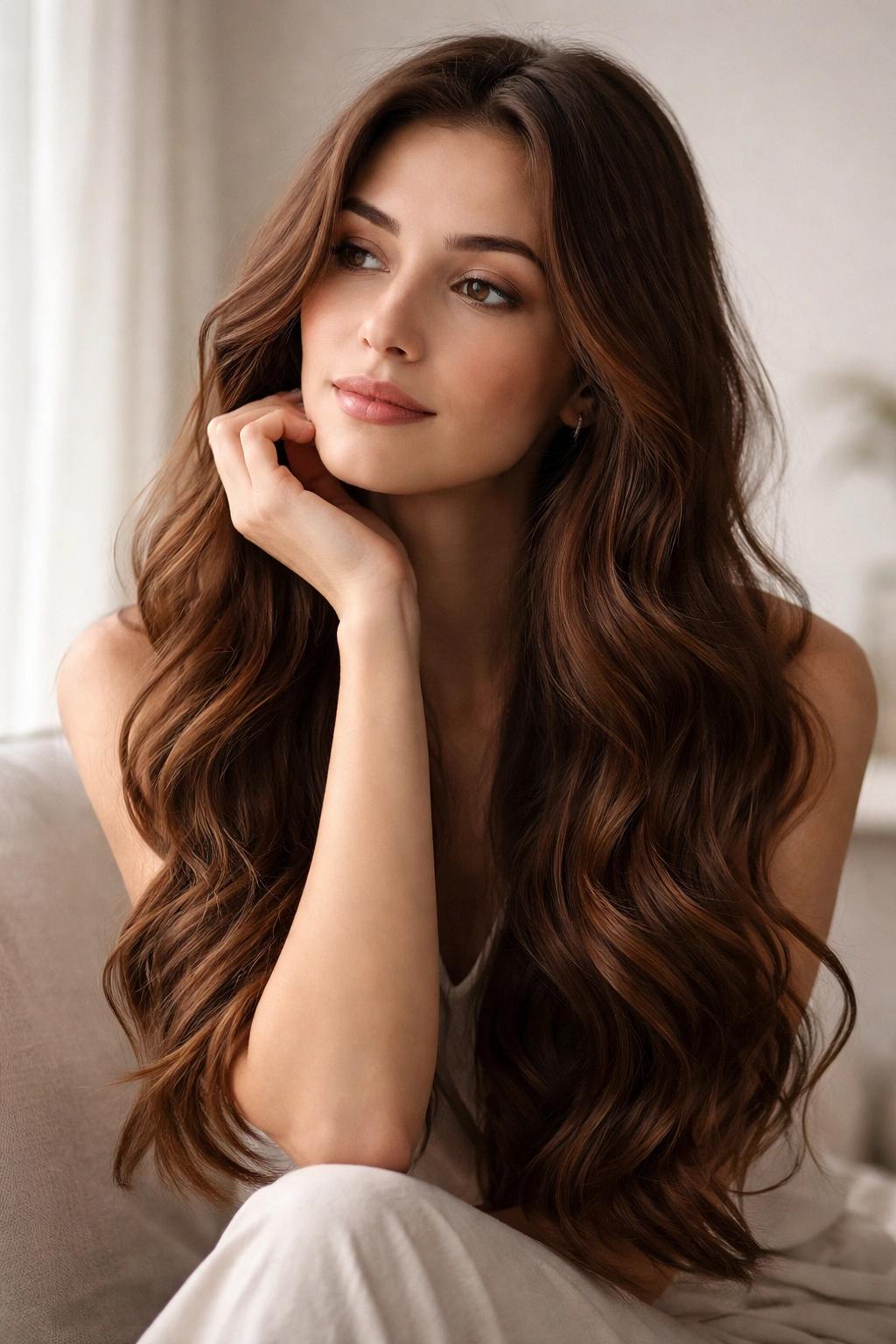 Contemplative portrait of long chestnut wavy hair