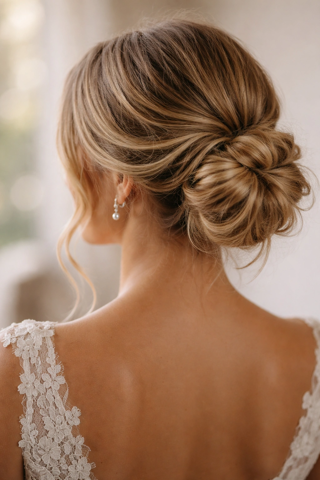 Close-up of a refined low messy bun in studio lighting
