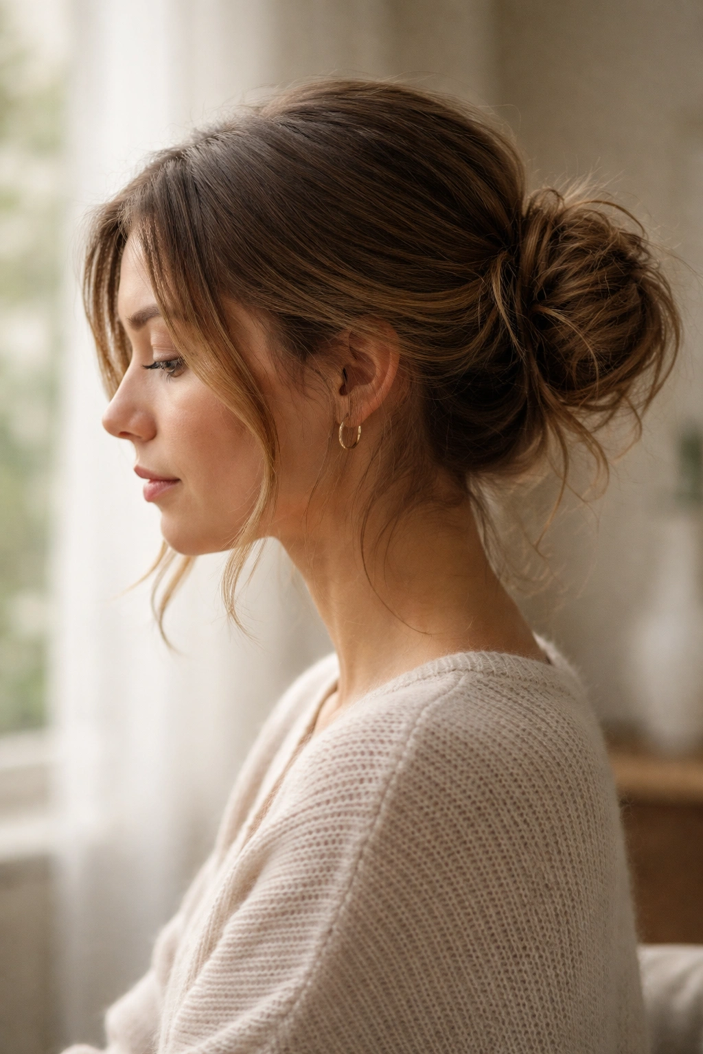 Profile portrait of a person with a low undone bun in a calm setting