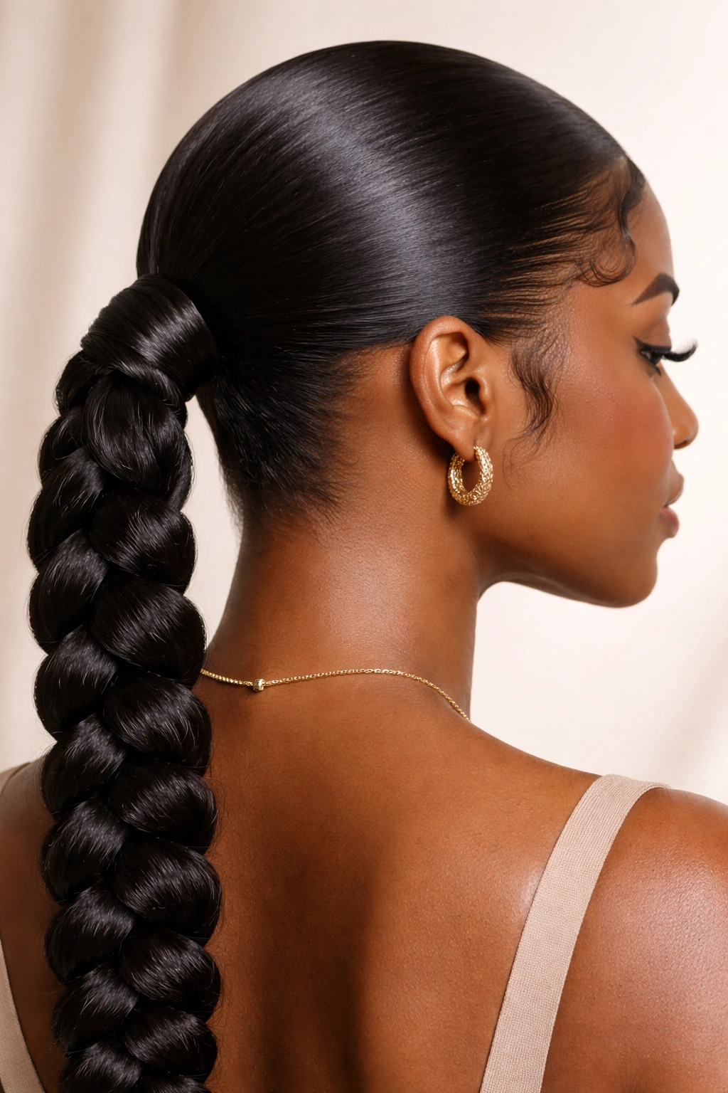 Close-up of a sleek low braided ponytail with healthy shine
