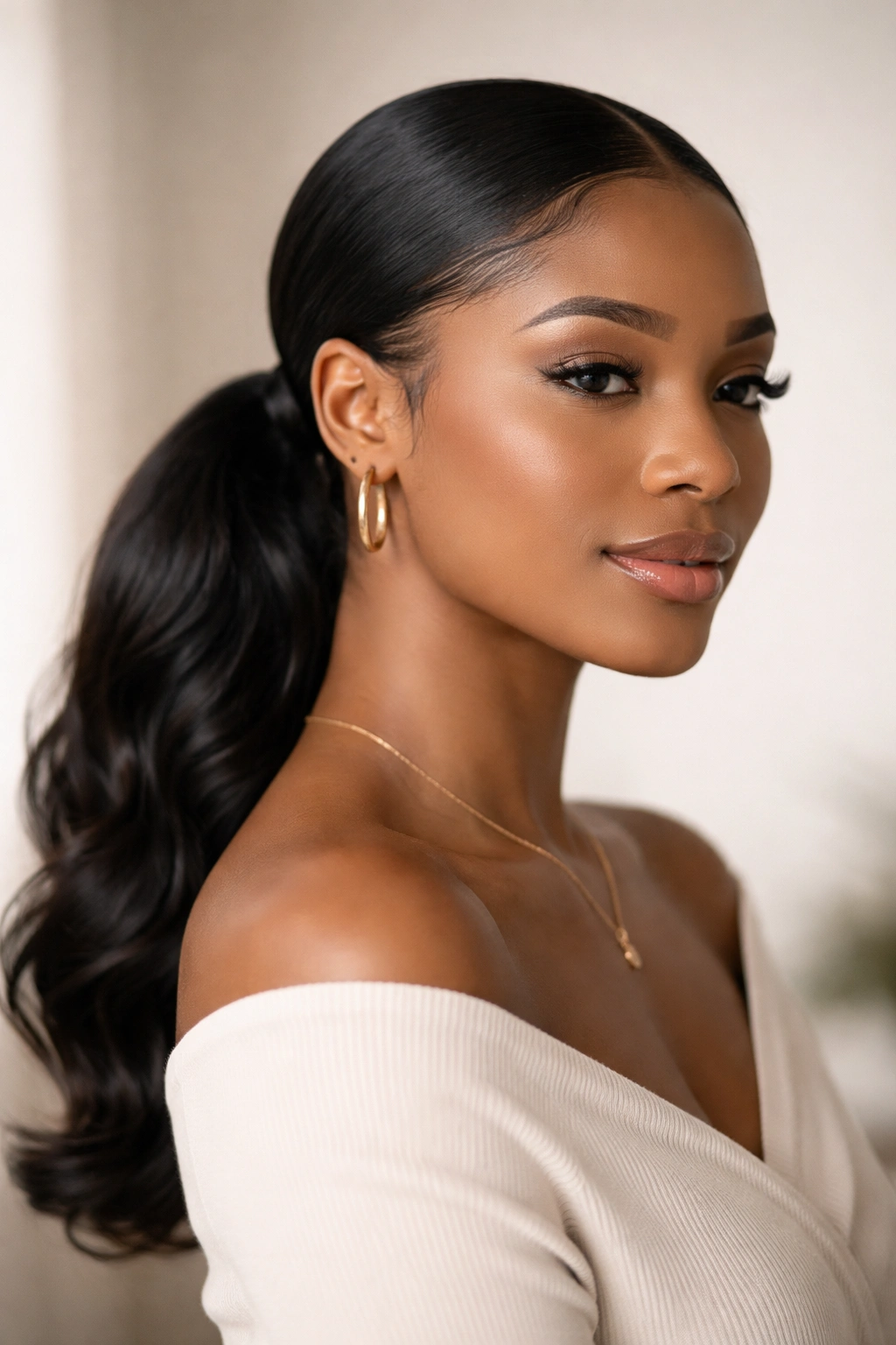 Portrait of a Black woman with an elegant low ponytail and reflective expression